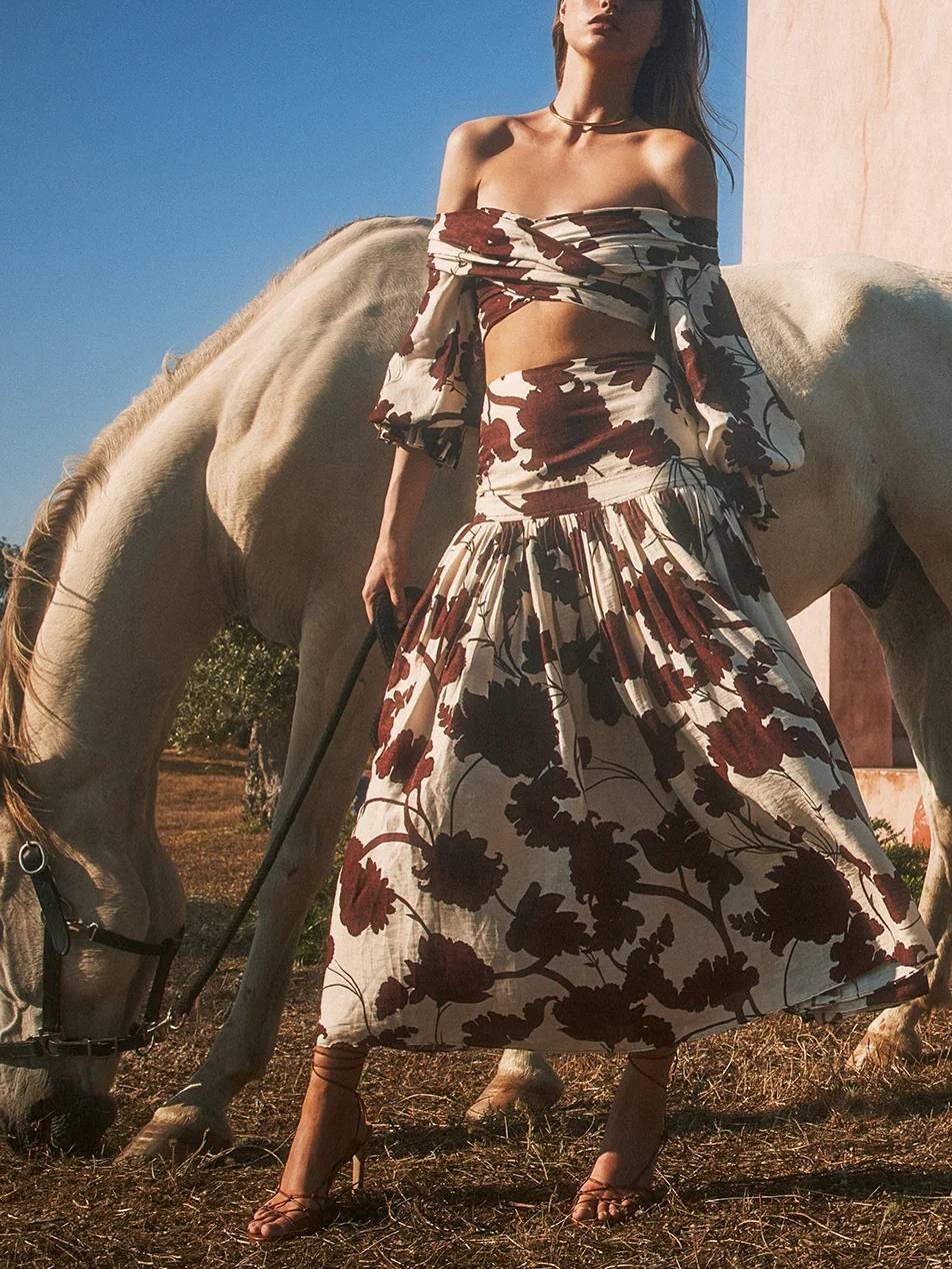Printed Off-shoulder Top And Skirt Suit