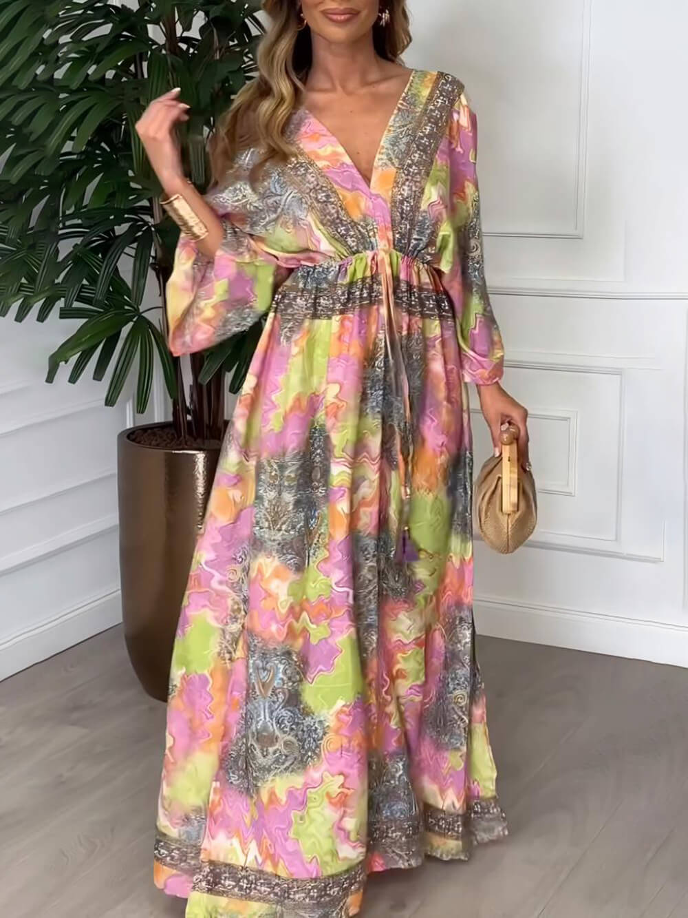 Summer Bold Floral Print Elastic Waist Backless Slit Casual Maxi Dress