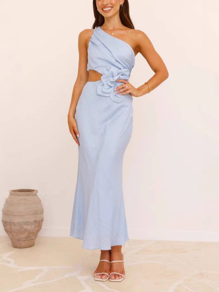 Oblique Collar Three-dimensional Flower Dress