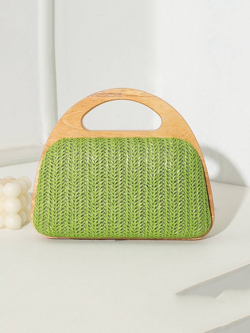Straw and wood patchwork handbag
