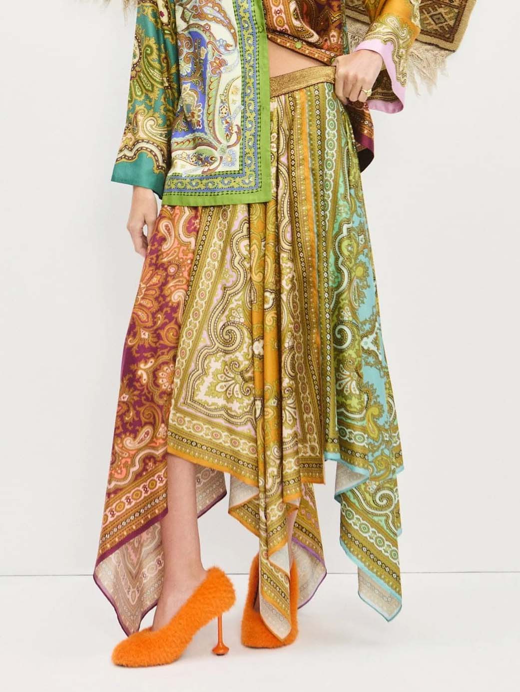 Retro Paisley Print Satin Irregular Skirt