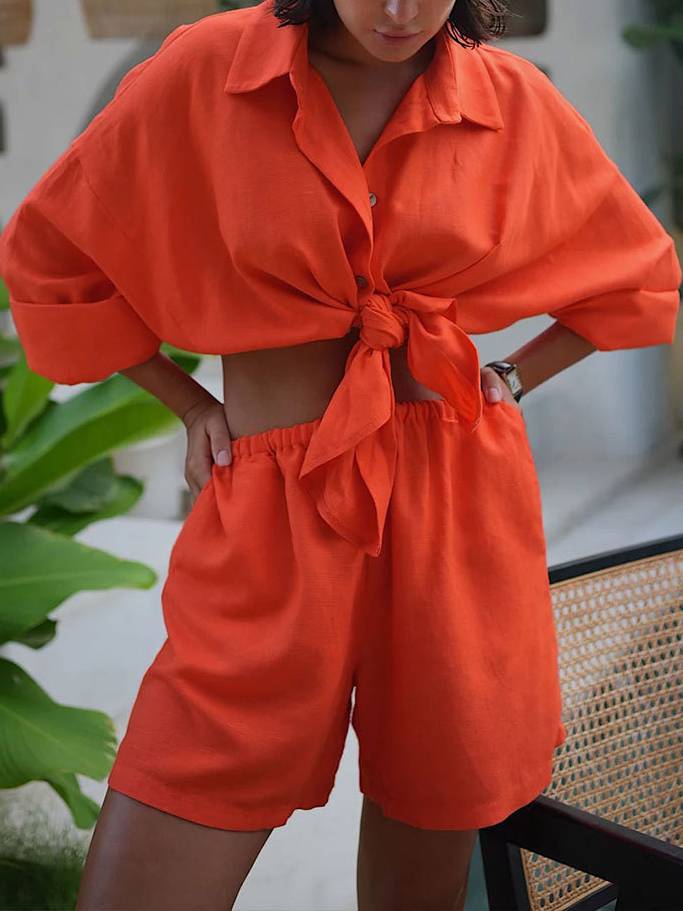 Casual Loose Long Sleeve Shirt And Shorts Suit