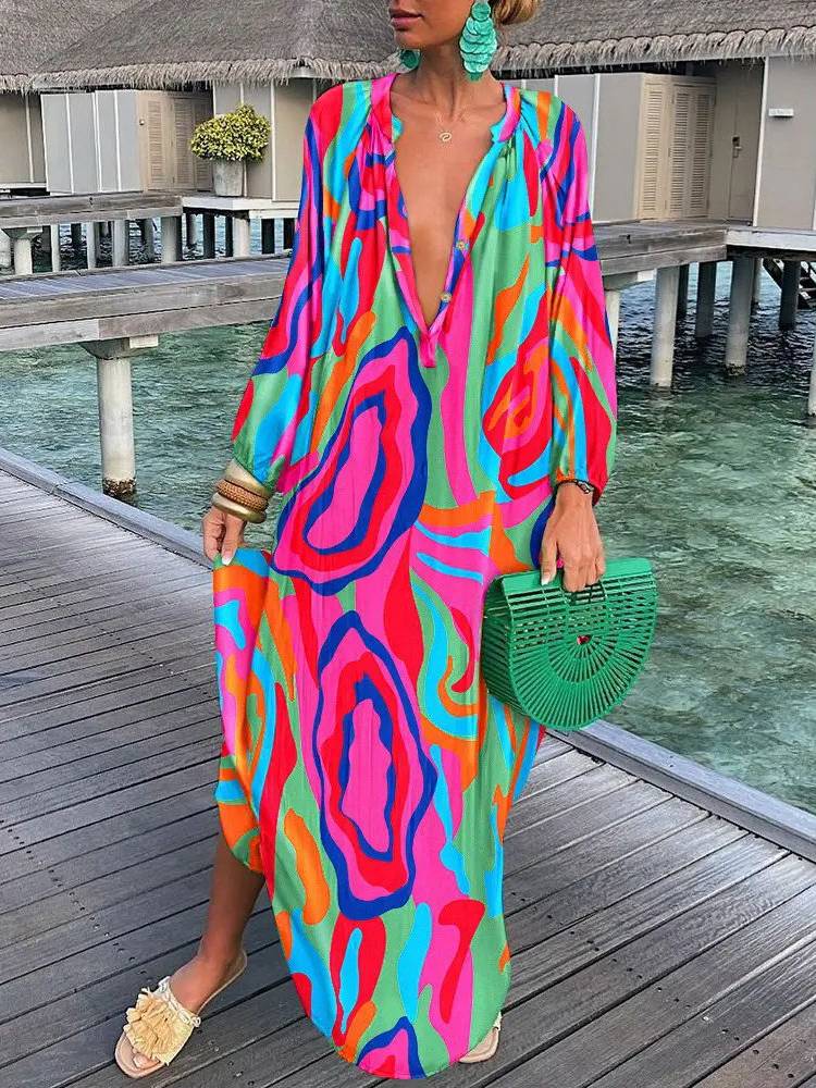 Printed V-neck Long-sleeved Loose Dress