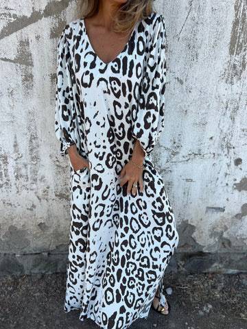 Leopard Print V-neck Pullover Long-sleeved Loose Dress