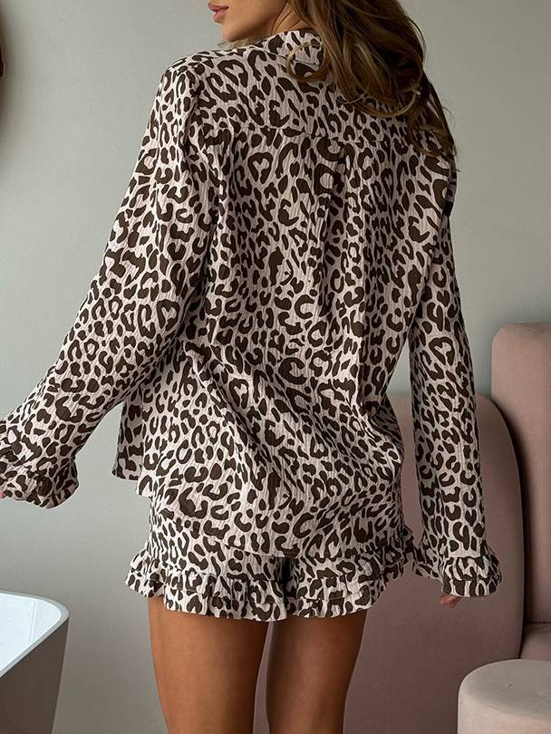 Leopard Print Long Sleeve Shorts Pajamas Suit