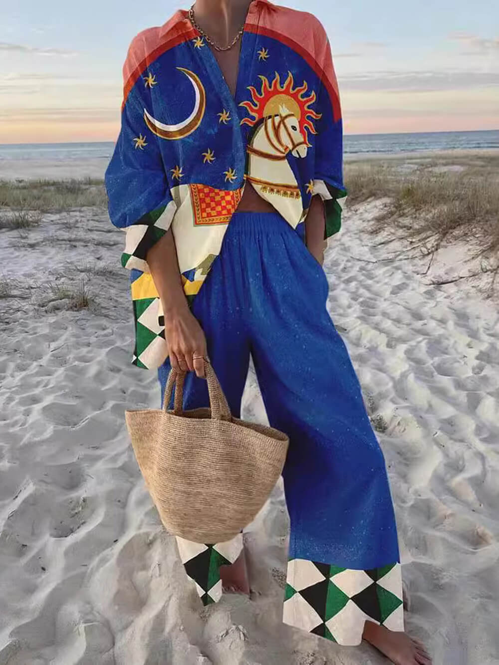 Unique Moon Horse Print Casual Long-Sleeved Shirt Wide-Leg Pants Set