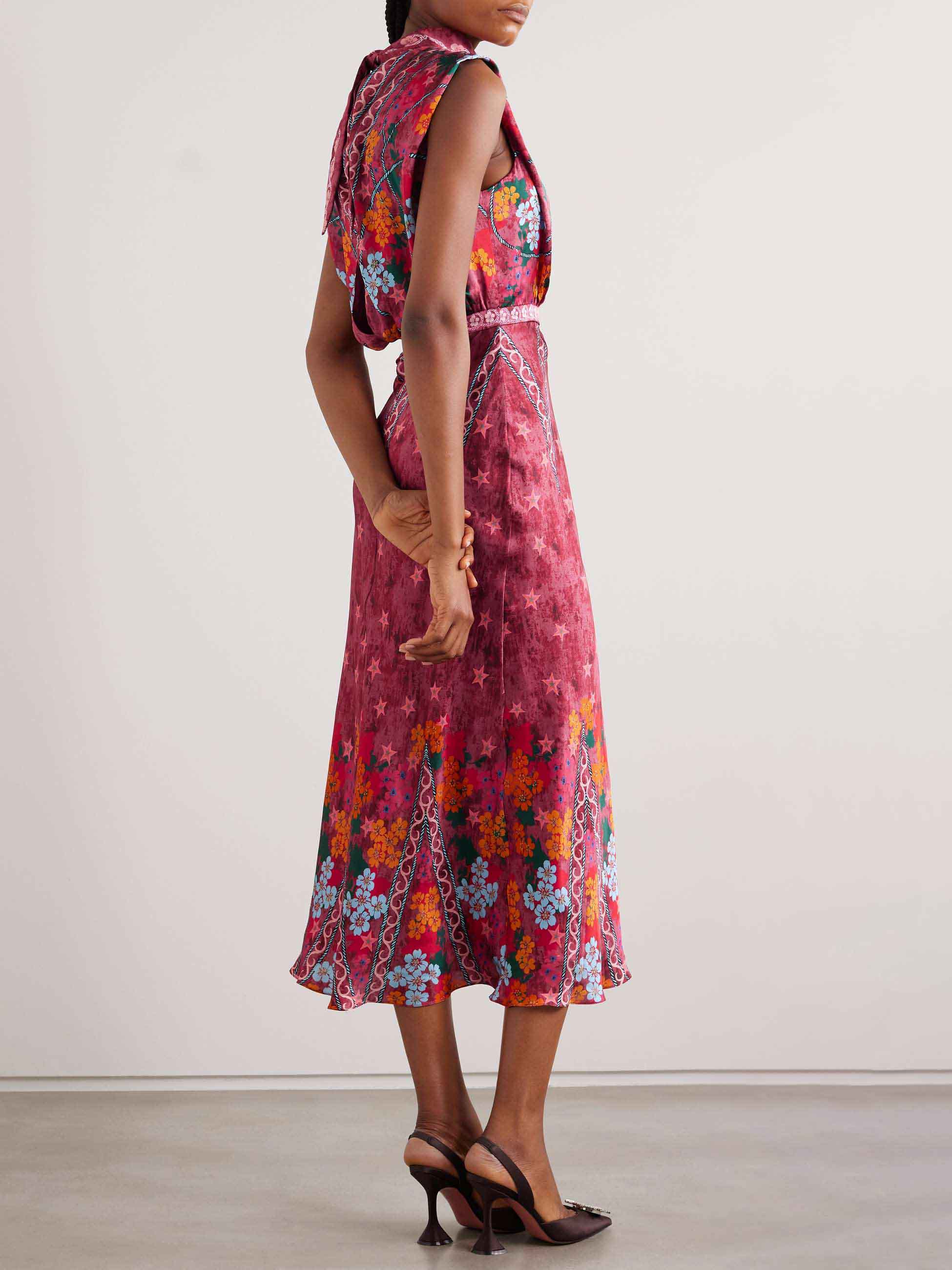 Retro Star Floral Print Satin Midi Dress