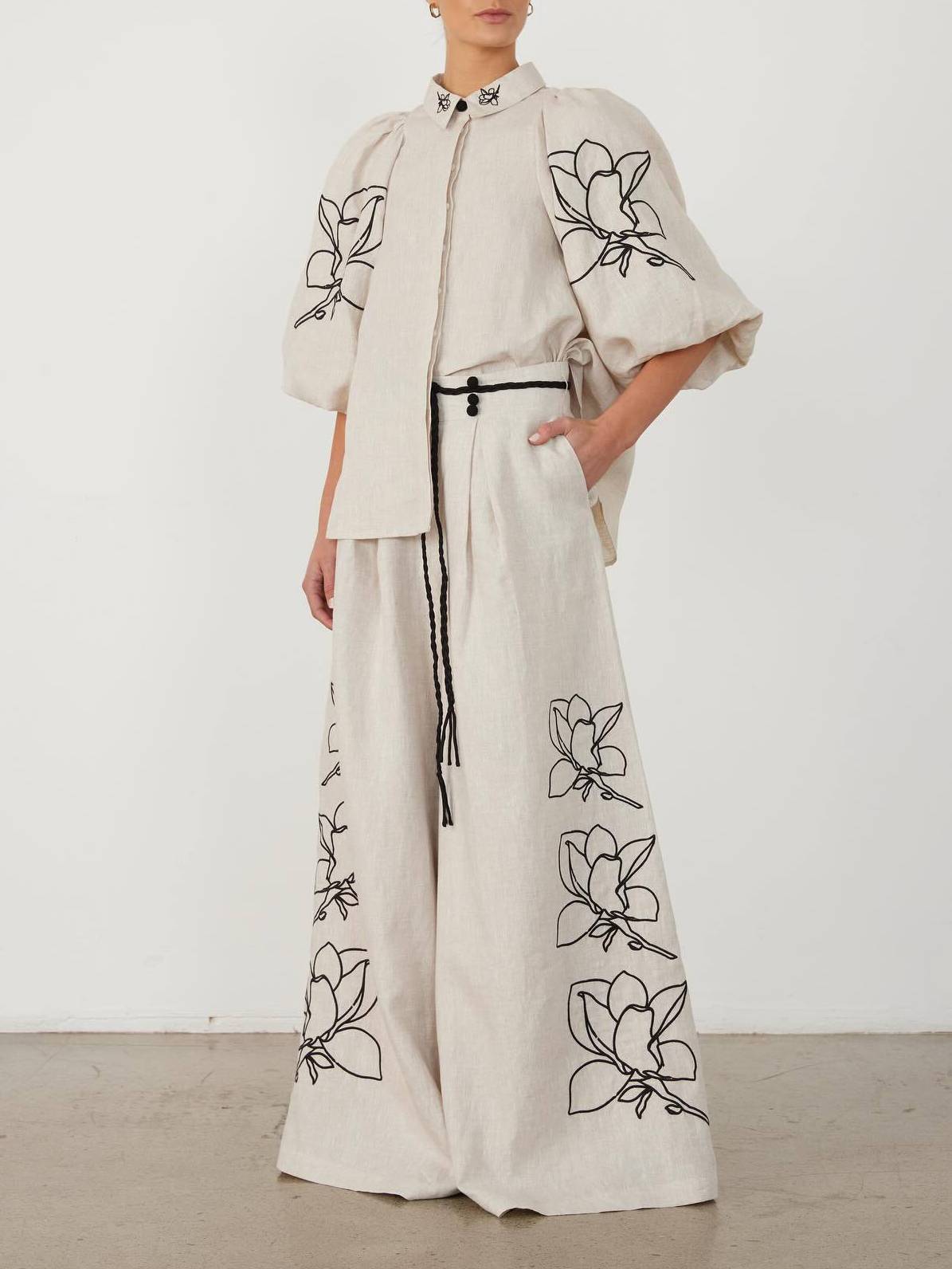 Vintage Pastoral Printed Wide-Leg Pants