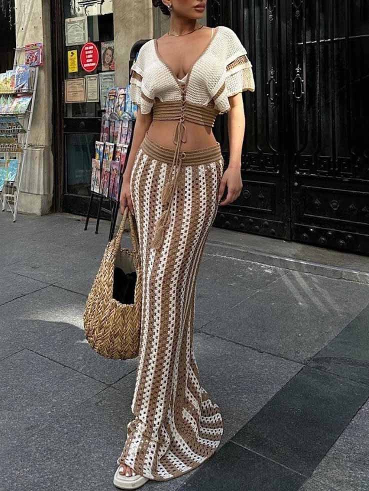Sexy V-neck Hollow Striped Knitted Long Skirt Suit