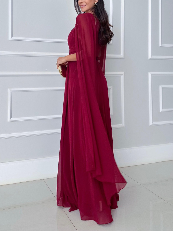 Elegant Cape Sleeve Slit Long Party Maxi Dress