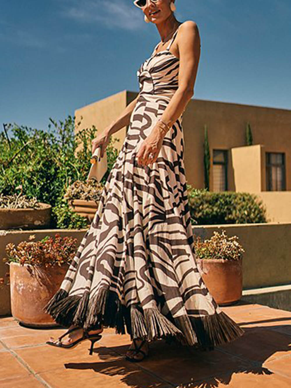 Swirl Print Linen Crinkled Backless Cami Top