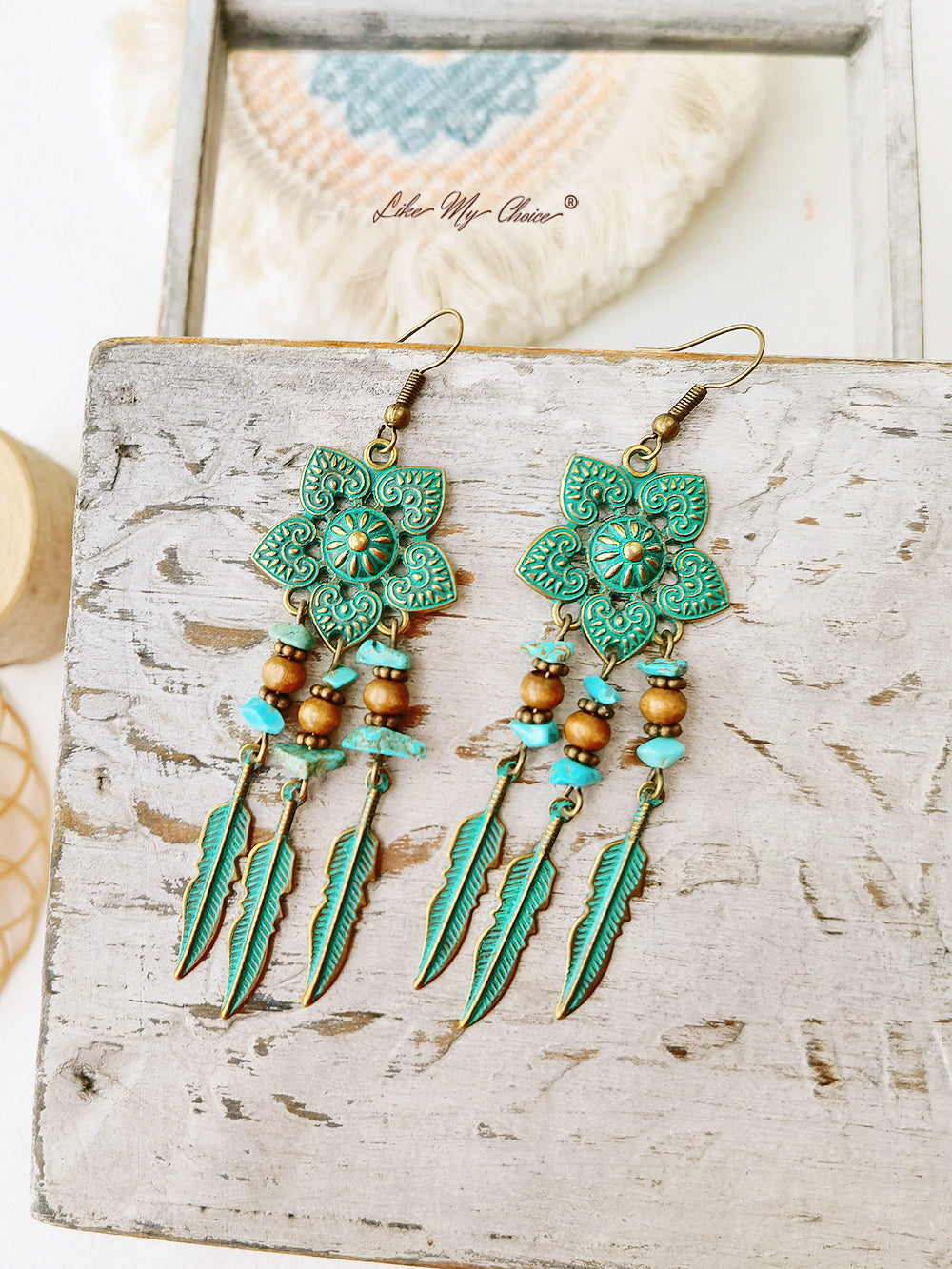 Antique Green Flower Boho Ethnic Dangle Drop Earrings
