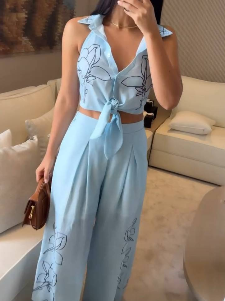 Shirt Collar Backless Top And Wide Pants Suit