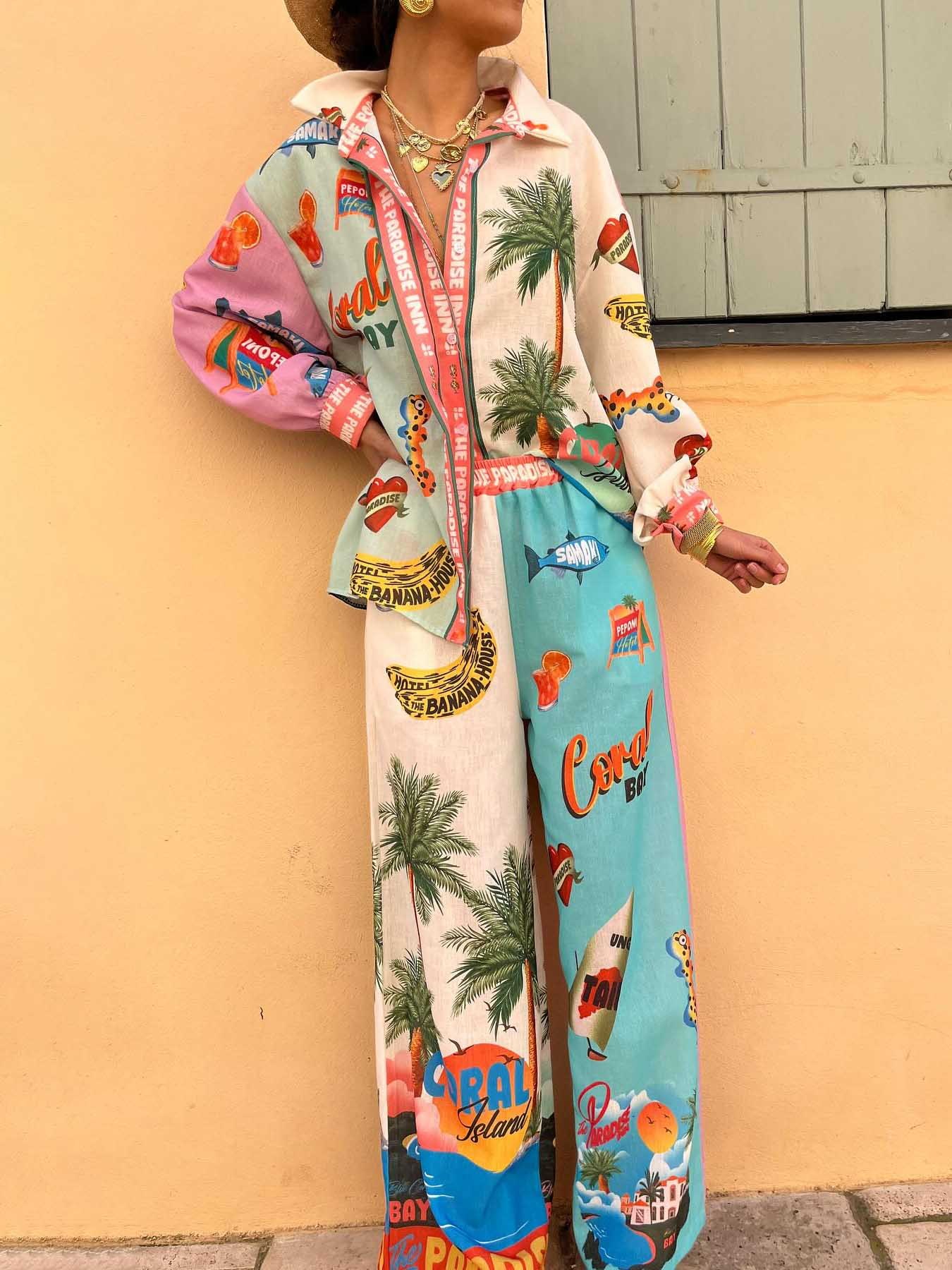 Unique Resort Island Print Long-sleeved Shirt