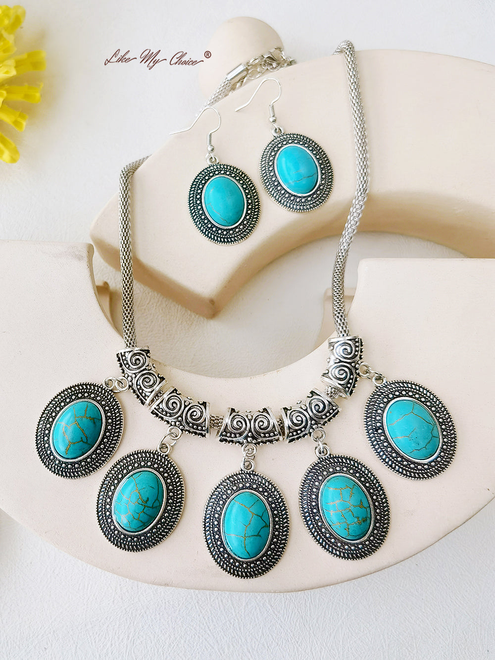 Retro Antique Synthetic Stone Water Pendant Necklace Earrings Sets