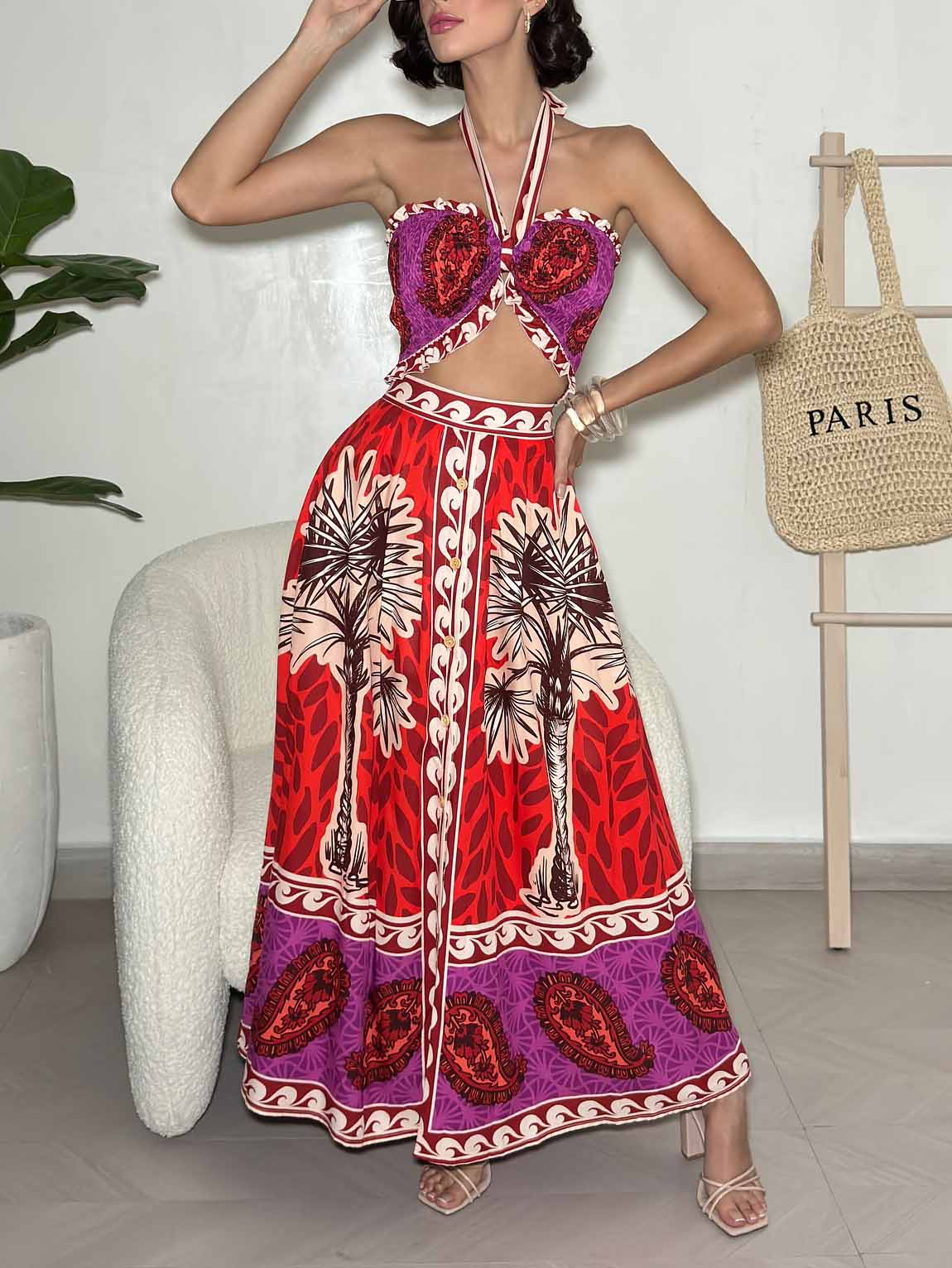 Retro Paulownia Palm Tree Printed Skirt Two Piece Set