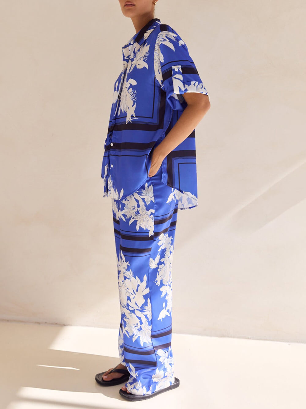 Casual Unique Satin Floral Print Elastic Waistband Drawstring Pocket Wide Leg Pants