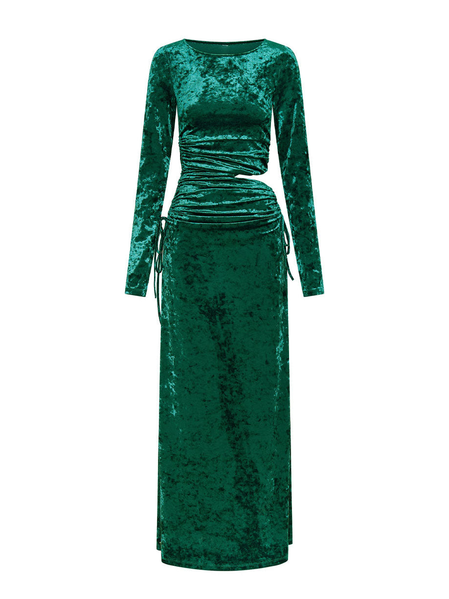 Modern Cutout Shirred Diamond Velvet Maxi Dress