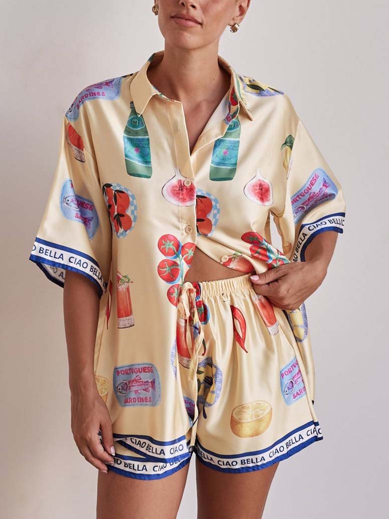 Unique Print Casual Lapel Cardigan Shorts Set