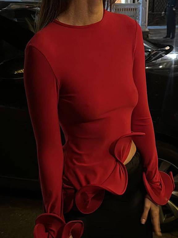 Ruffled Round Neck Trumpet Long Sleeve T-shirt