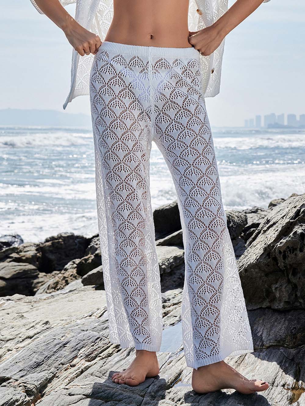 Casual Openwork Knit Side Pocket Wide-leg Pants