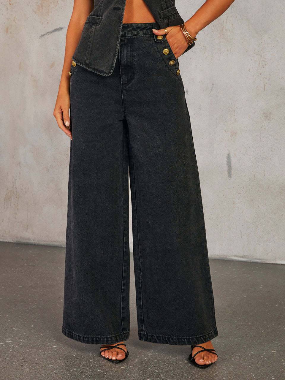 Minimalist Old Money Denim Vest Wide Leg Pants Set - Pants
