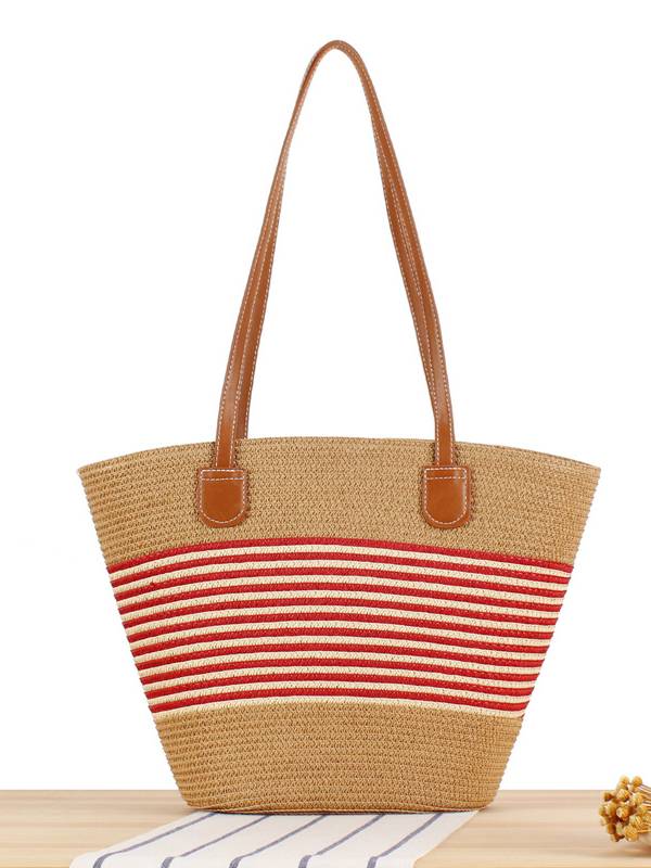 Contrast Color Straw Tote Bag