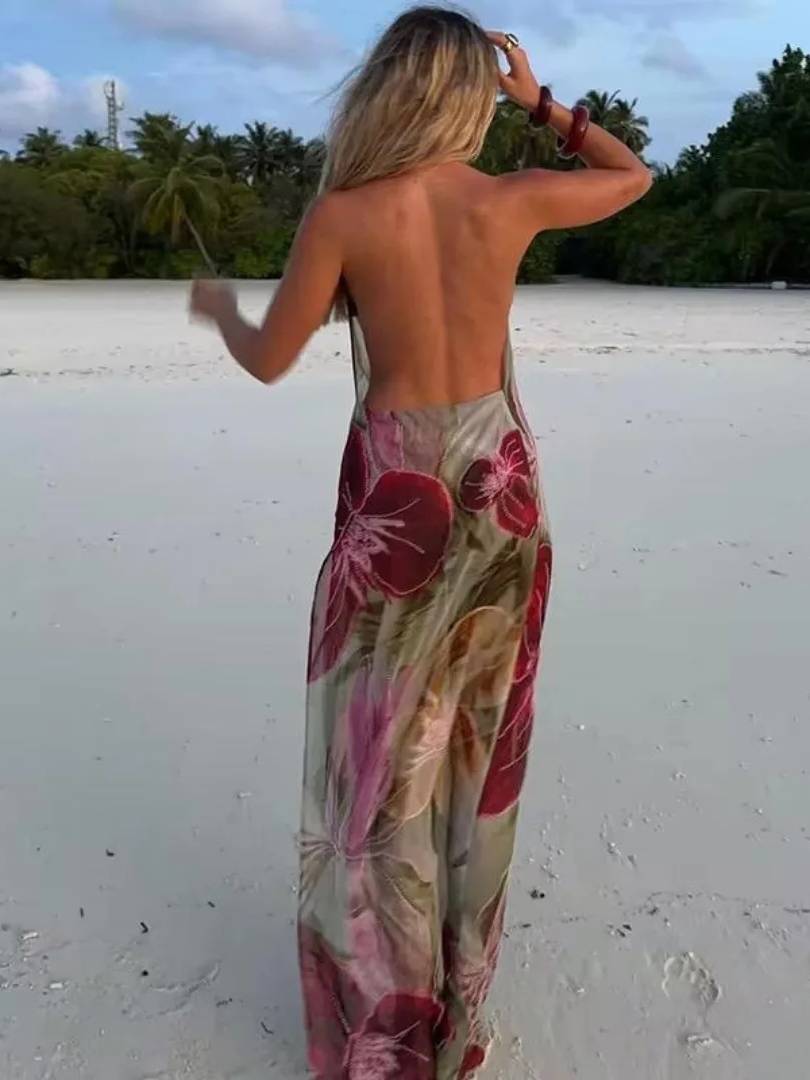 Halter Neck Backless High Slit Printed Dress