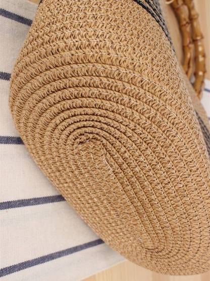 Bamboo Handle Striped Contrast Color Straw Handbag