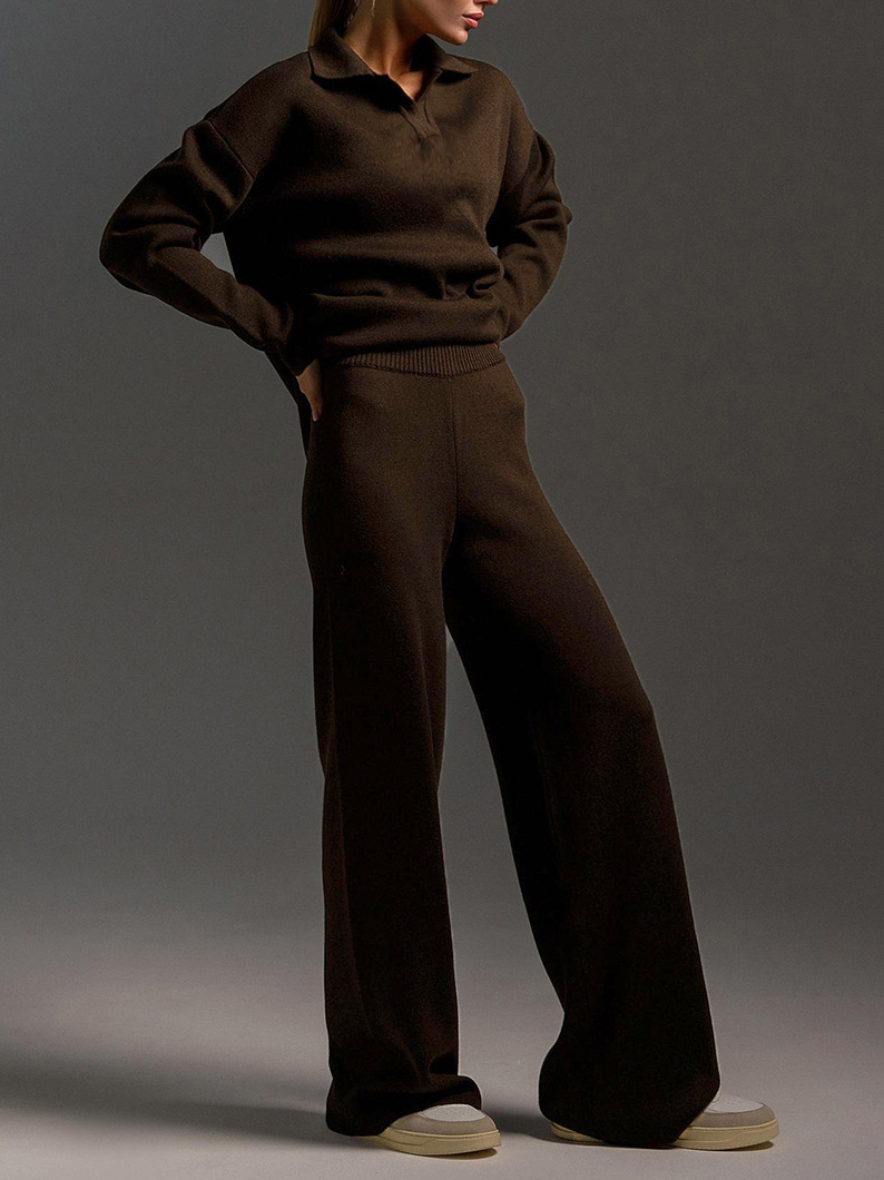 Polo Neck Knitted Pullover Wide Leg Pants Two-Piece Sets
