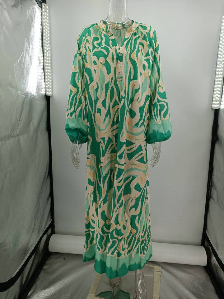 Printed V-neck Long-sleeved Loose Dress