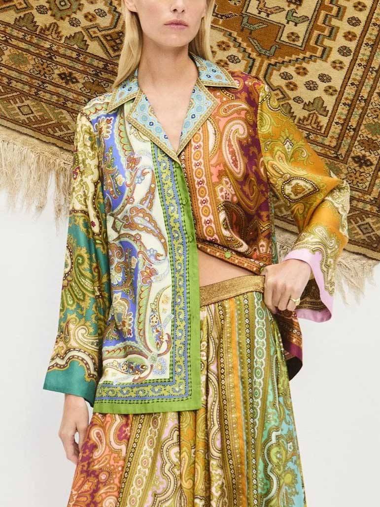 Retro Paisley Print Satin Long Sleeve Shirt