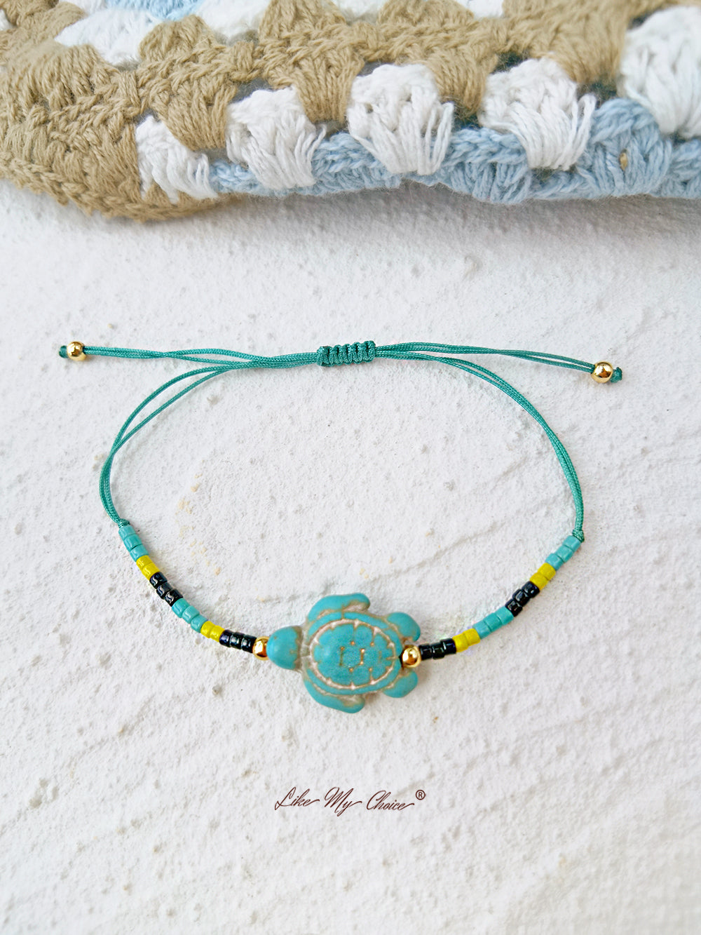 Adjustable Drawstring Beaded Bracelet Turquoise Green Blue Turtle