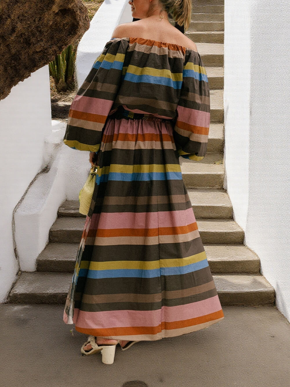 Retro Striped Print Draped Elastic Waist Pocket Maxi Skirt