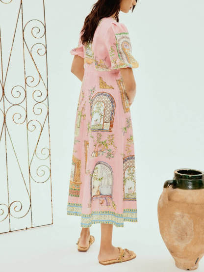 Exquisite Garden Print Puff Sleeve A-Line Midi Dress