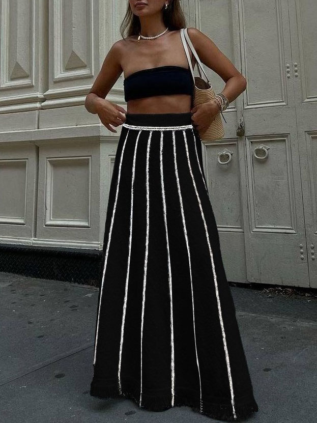 Casual Striped Tassel Knit Skirt