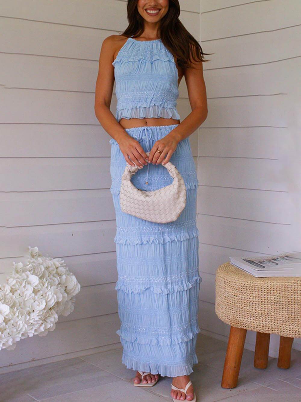 Charm Pleated Drawstring Elastic Waist Tiered Maxi Skirt