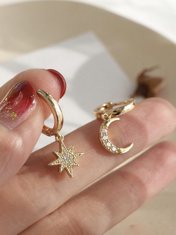 Classic Full Diamond Star Moon Asymmetrical Earrings