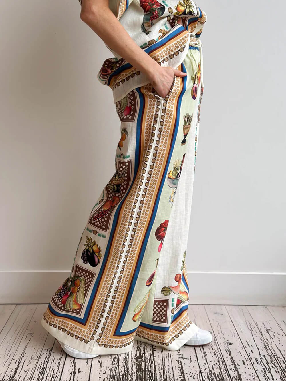 Unique Tropical Luxe Satin Fruit Print Loose Elastic Waist Wide-Leg Pants