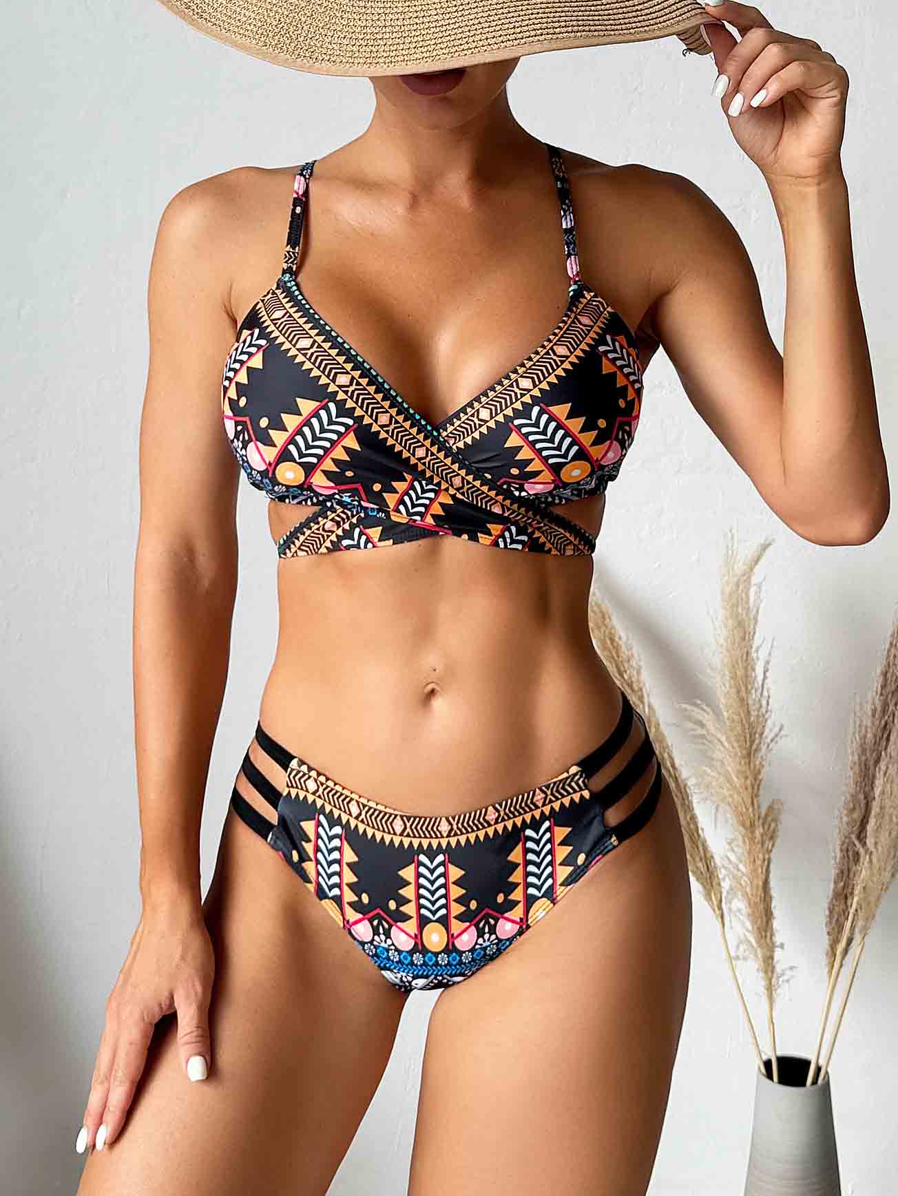 Ethnic Style Printed Cross Strap Sexy Bikini Set