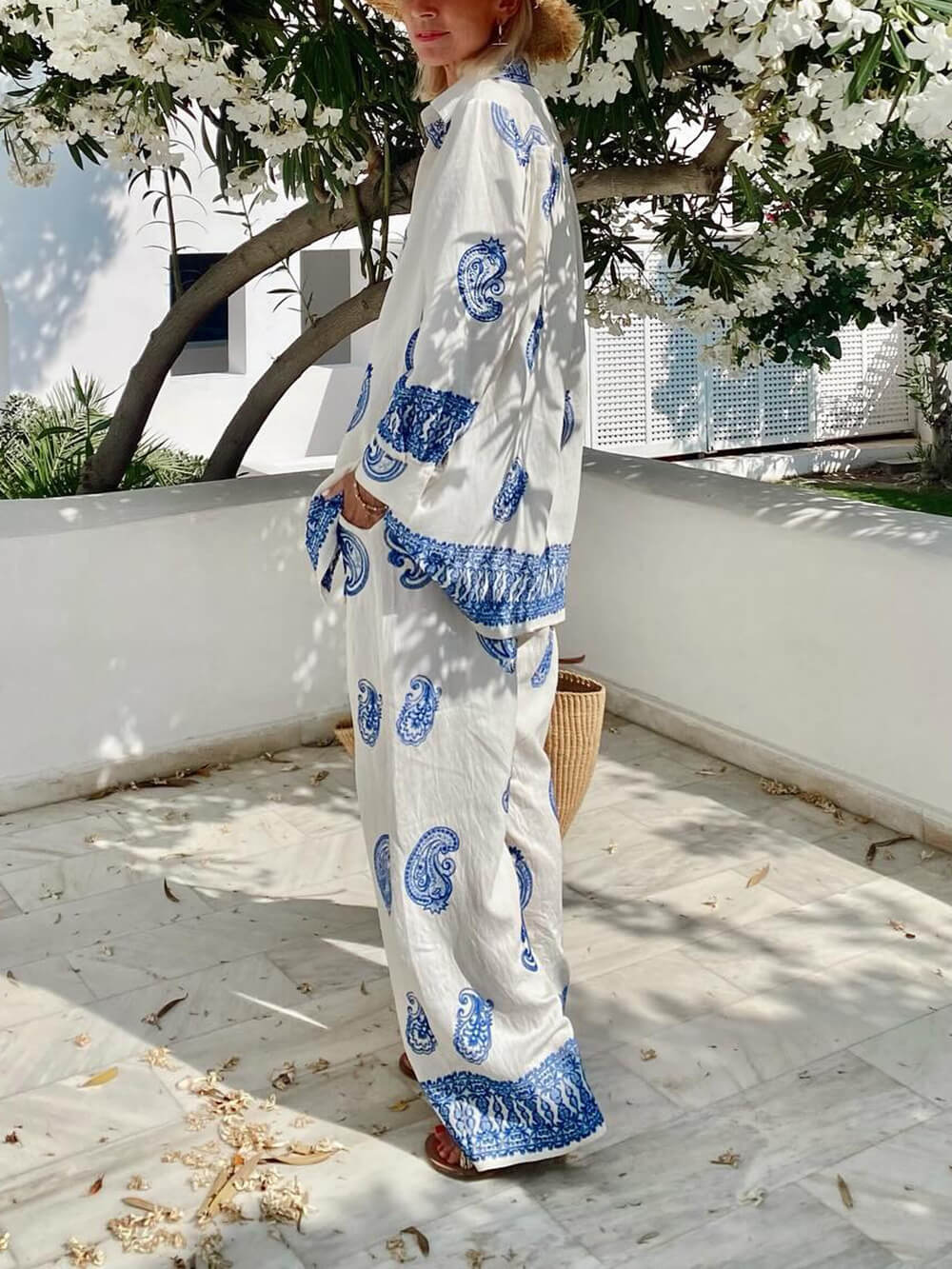 Unique Ethnic Pattern Print Oversized Button-Up Shirt