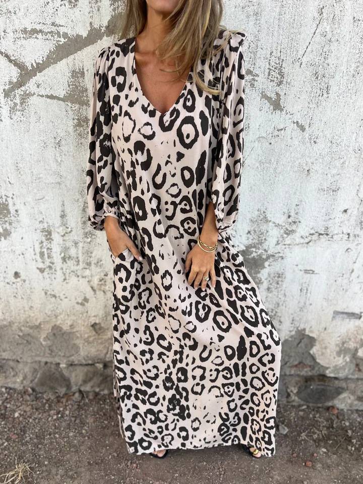 Leopard Print V-neck Pullover Long-sleeved Loose Dress