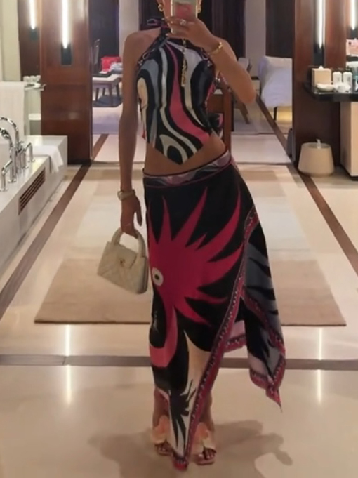 Unique Printed Halter Top And Skirt Suit