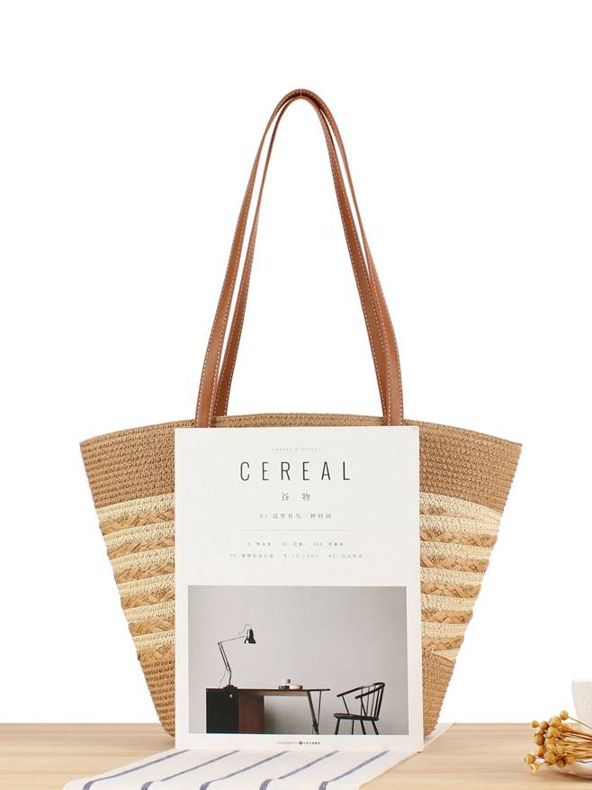 Contrast Color Straw Tote Bag