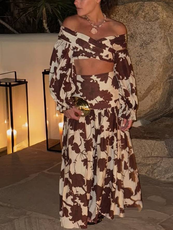 Printed Off-shoulder Top And Skirt Suit