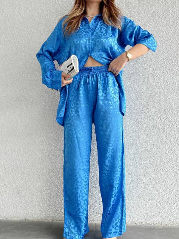 Leopard Print Loose Shirt Wide Leg Pants Casual Suit