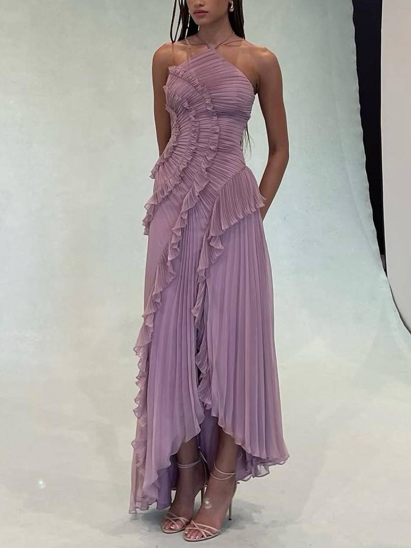 Halter Neck Pleated Backless Dress