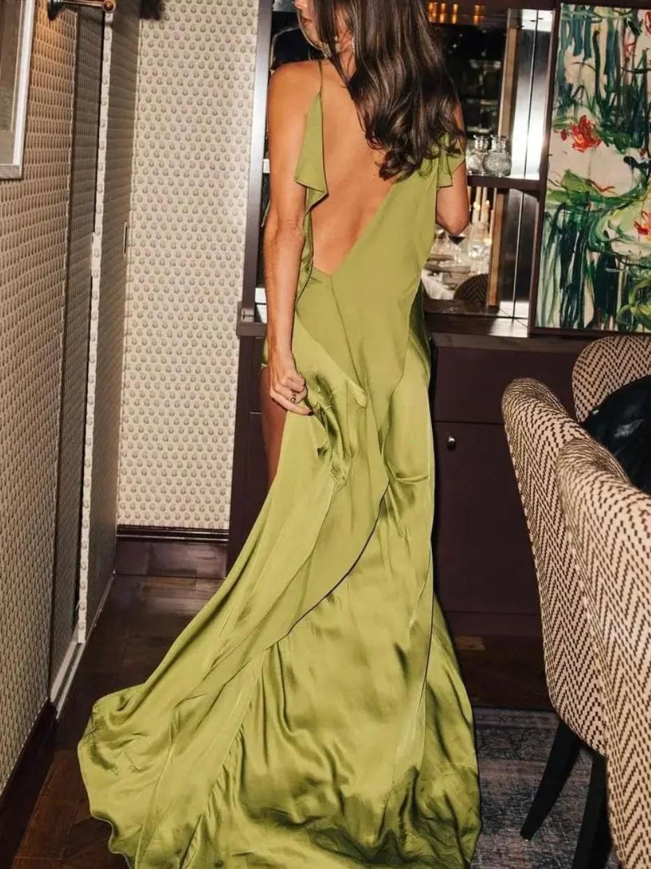 Elegant Satin Ruffled High Slit Maxi Dress