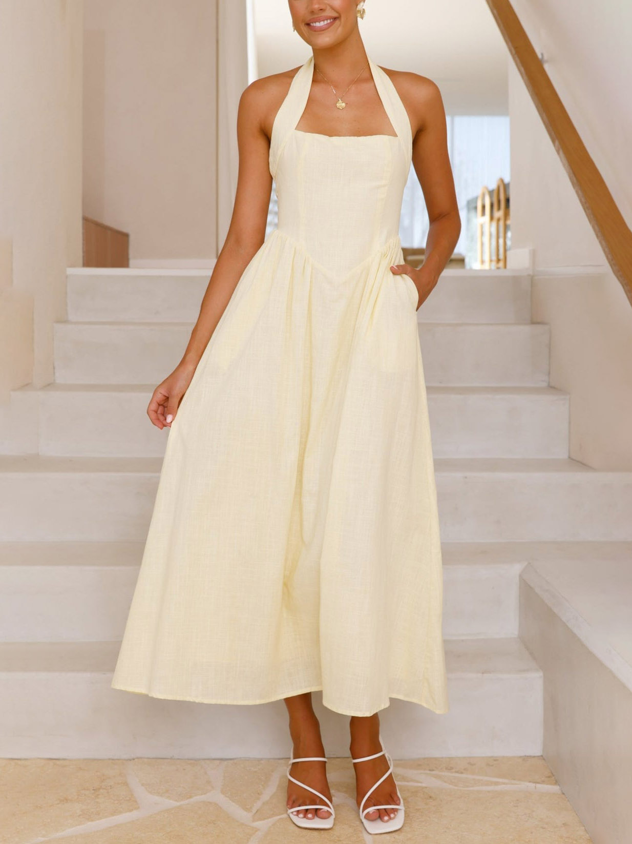 Halter Neck Waist Little Black Dress Mid Length Dress