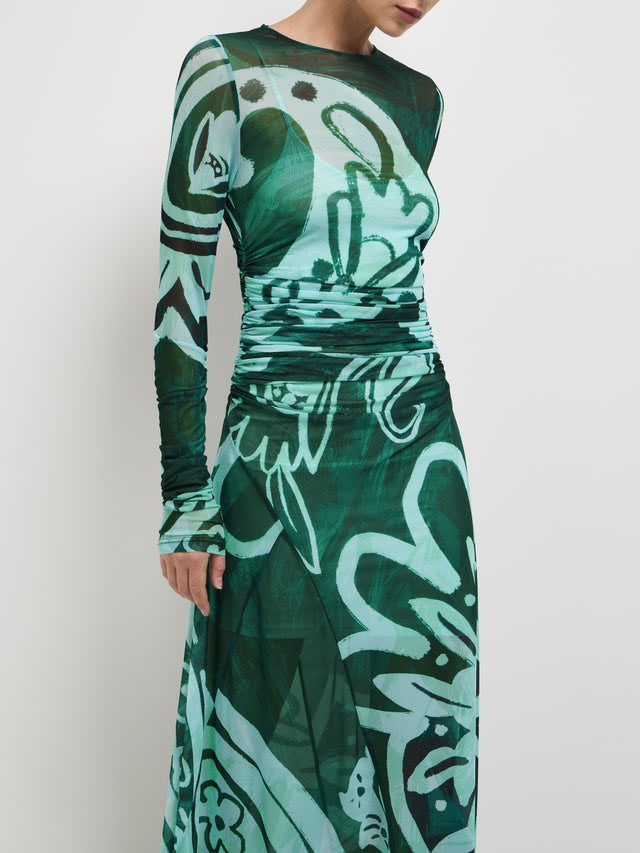 Unique Abstract Eye-catching Print Stretch Mesh Maxi Dress
